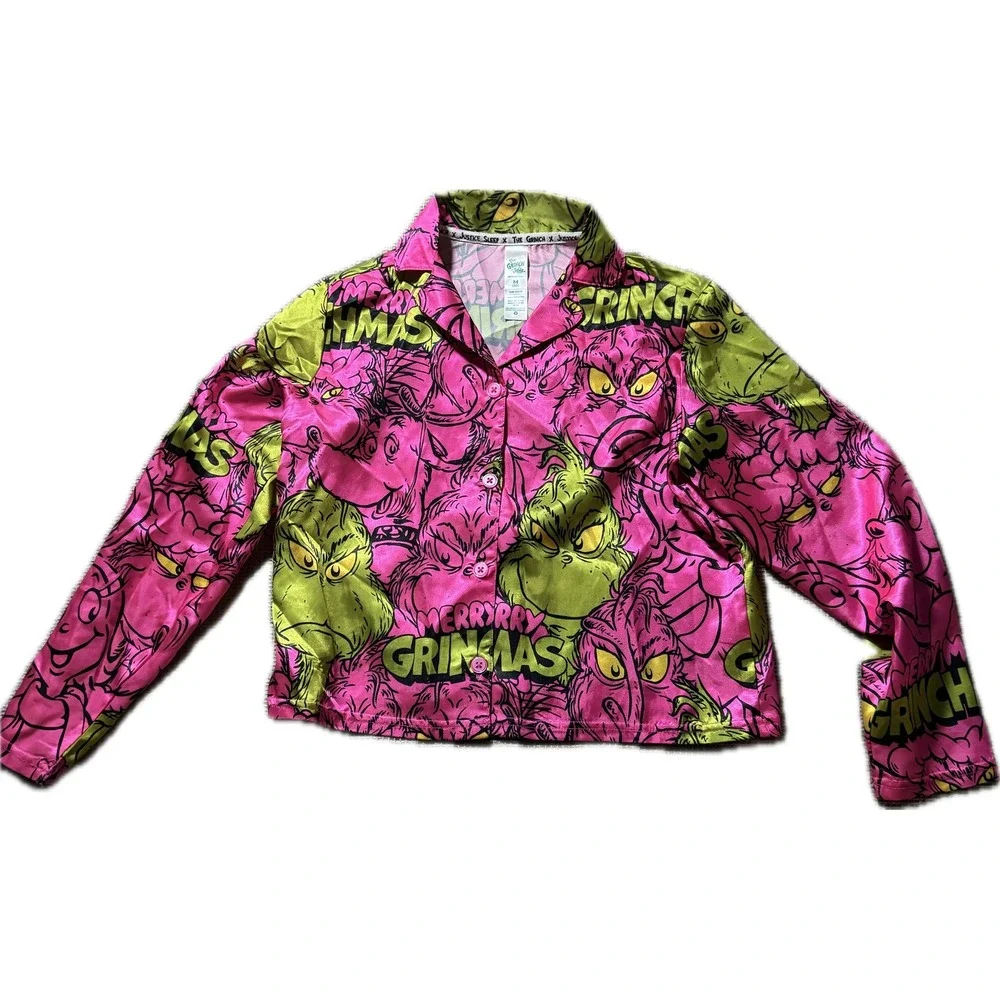 Justice x The Grinch‎ Girls Pink Satin Pajama Top Merry Grinchmas Size M 10